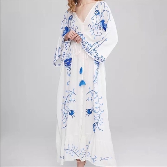 5 Star⭐️Fav Blue Bird Boho Embroidered Hearts Magic Kimono Long Maxi - Picture 3 of 9